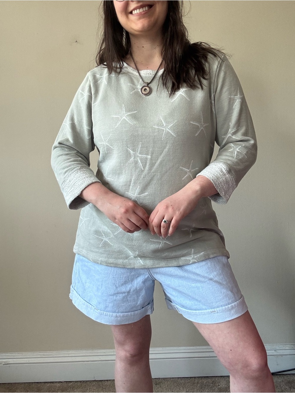 fresh produce Light Sage Star-Embroidered Long Sleeve Top